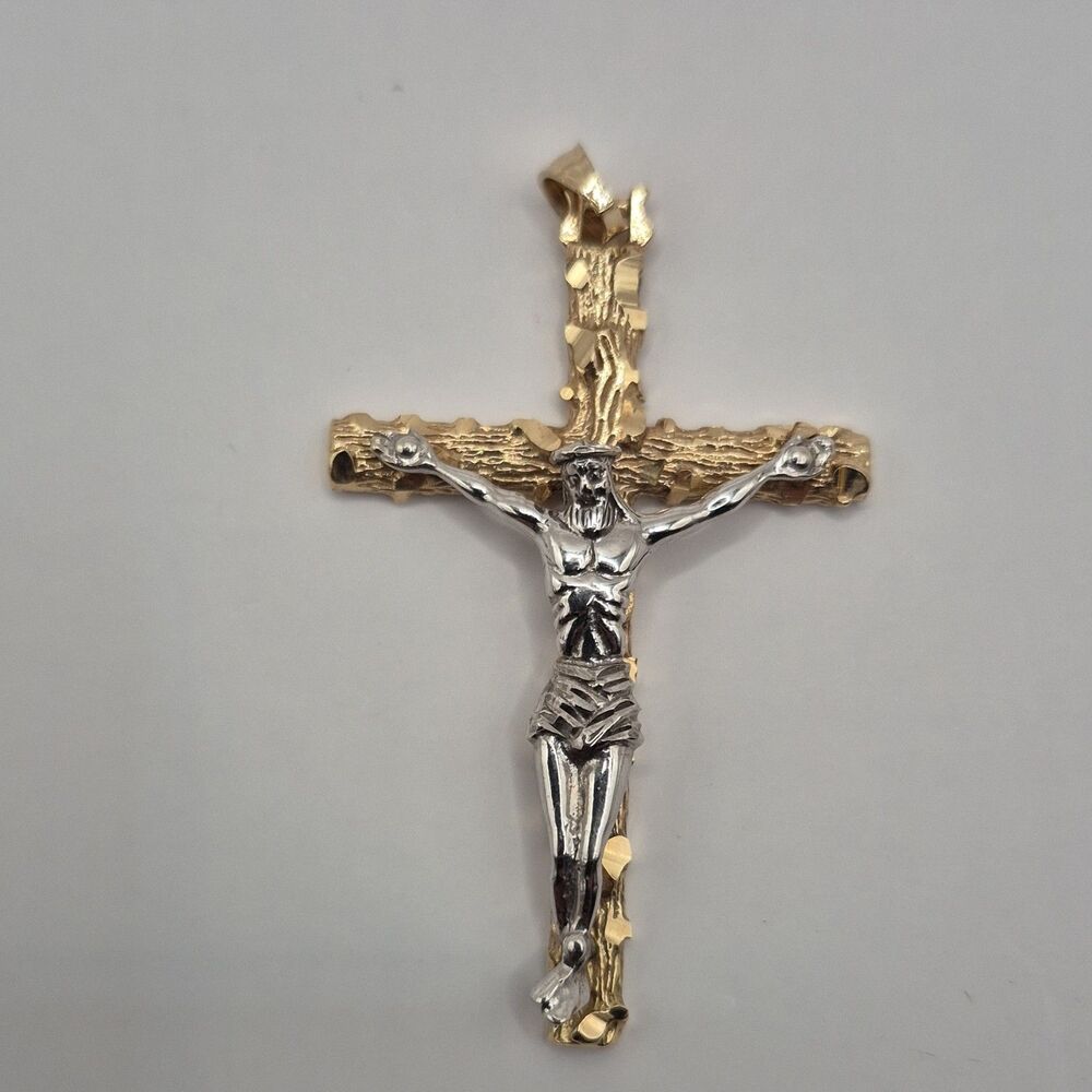 14 K- LARGE YLLW/ WHT GOLD CRUCIFIX PENDANT JESUS ON CROSS-CHRISTIAN- 2 INCHES